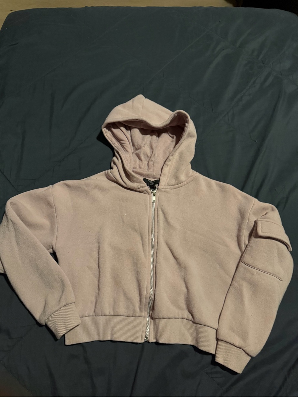 Forever 21 Light Pink Hooded Cropped Zip-Up Sweatshirt